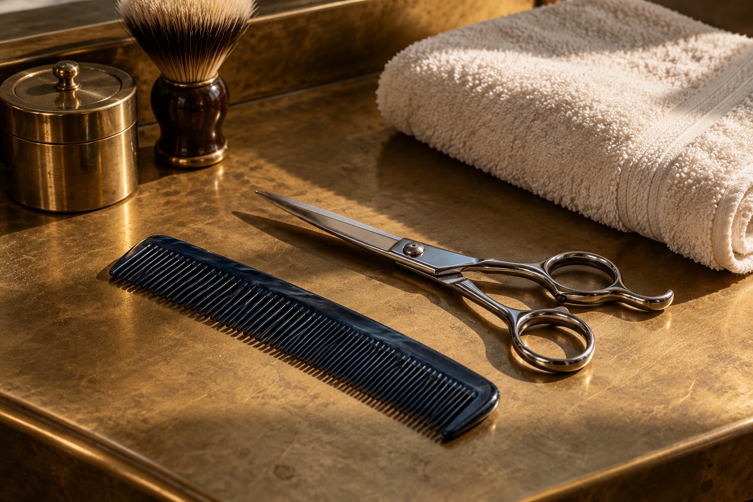 Illustrative still life of scissors, comb and folded towel on a brass surface
